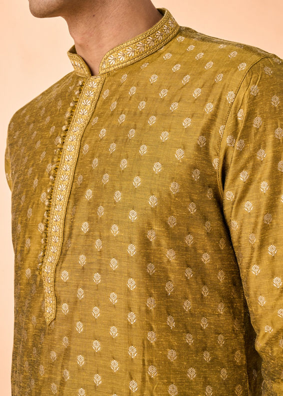 Manyavar Men Mehndi Green Lustrous Kurta Pajama