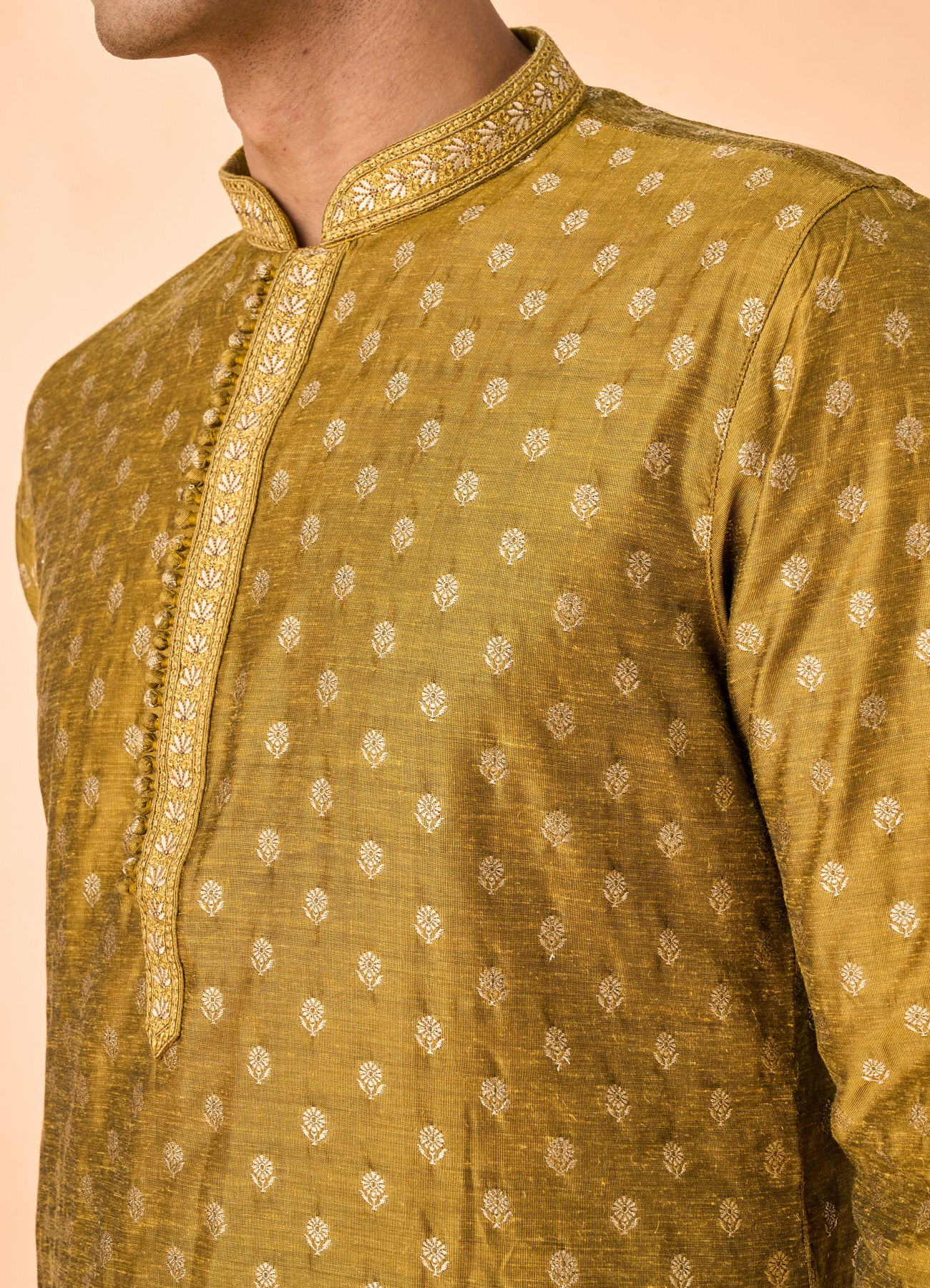 Manyavar Men Mehndi Green Lustrous Kurta Pajama