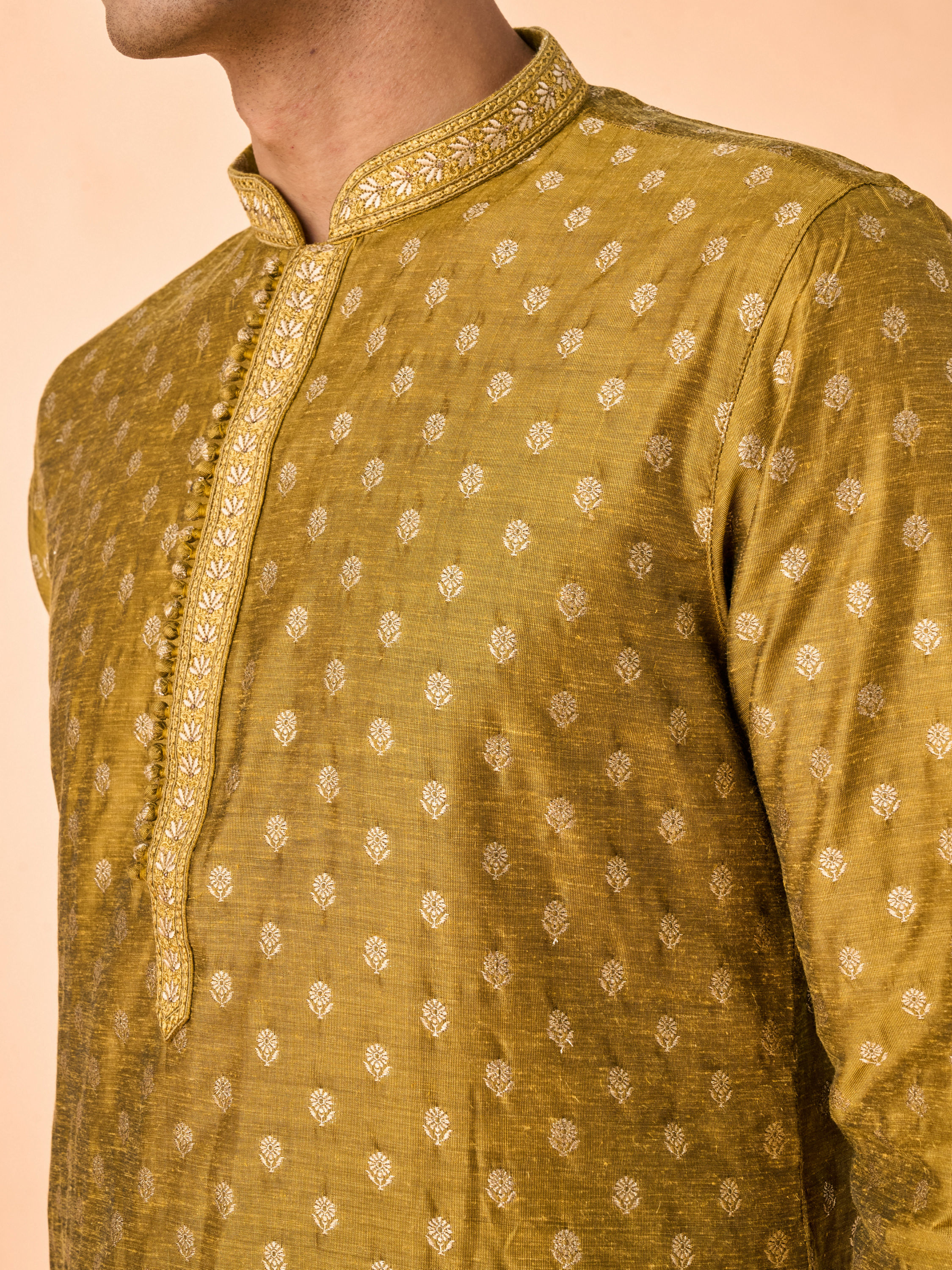 Manyavar Men Mehndi Green Lustrous Kurta Pajama