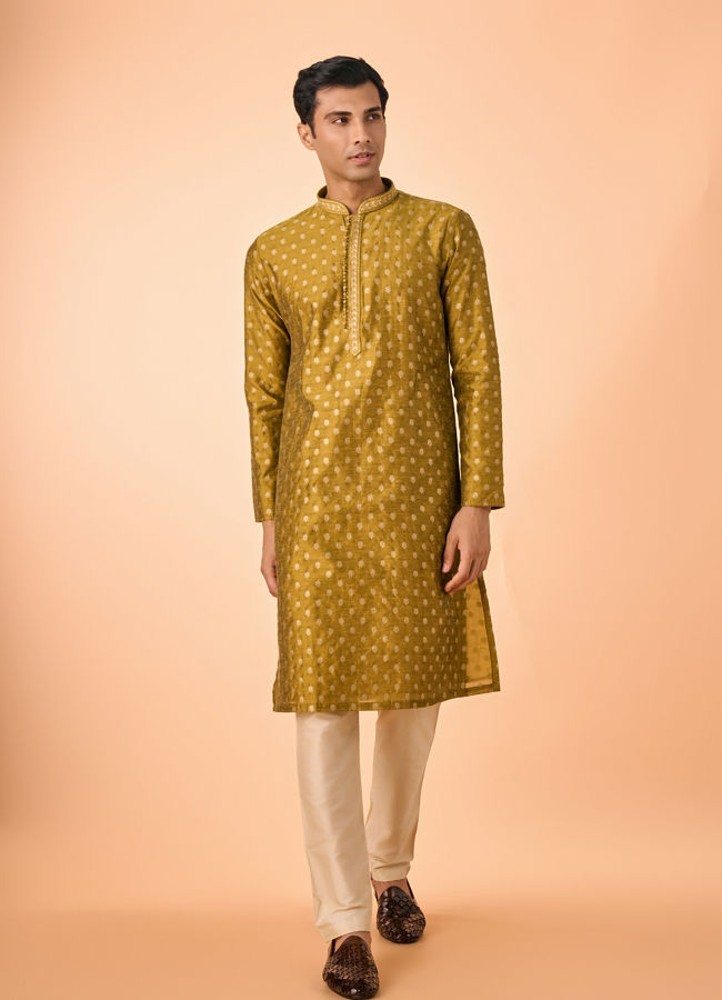 Manyavar Men Mehndi Green Lustrous Kurta Pajama