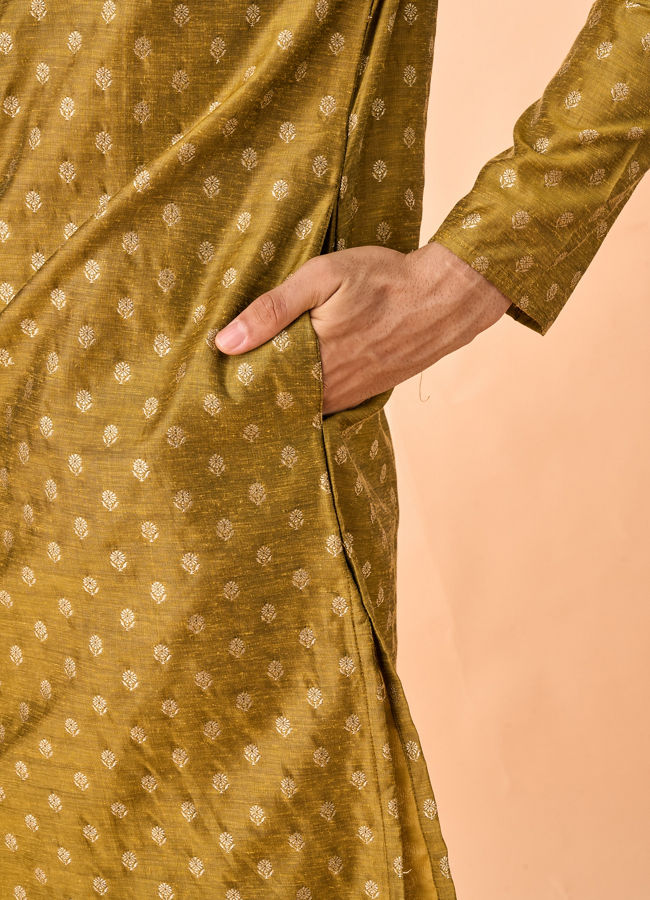 Manyavar Men Mehndi Green Lustrous Kurta Pajama