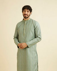 Manyavar Men Soft Green Linear Patterned Kurta Set with Sequin Work