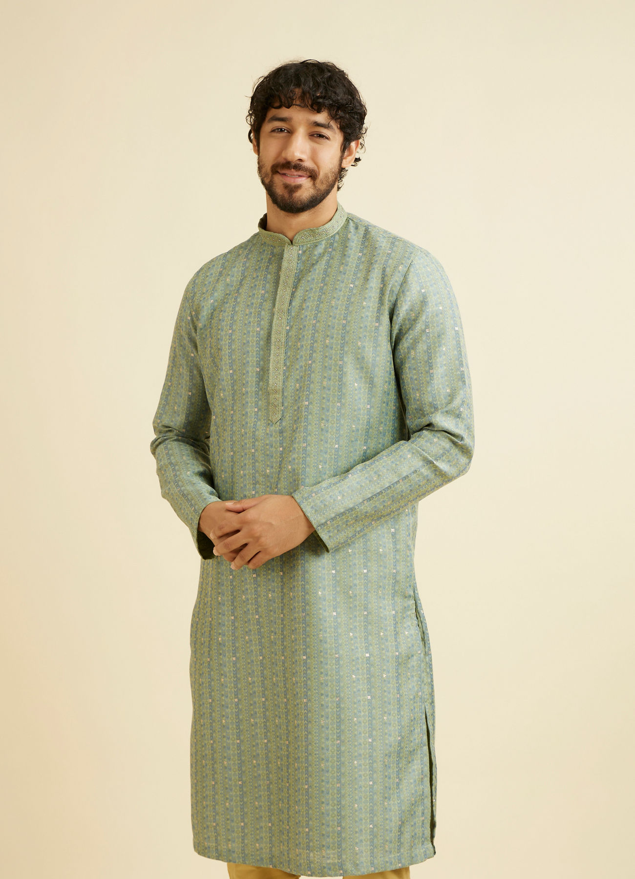 Manyavar Men Soft Green Linear Patterned Kurta Set with Sequin Work