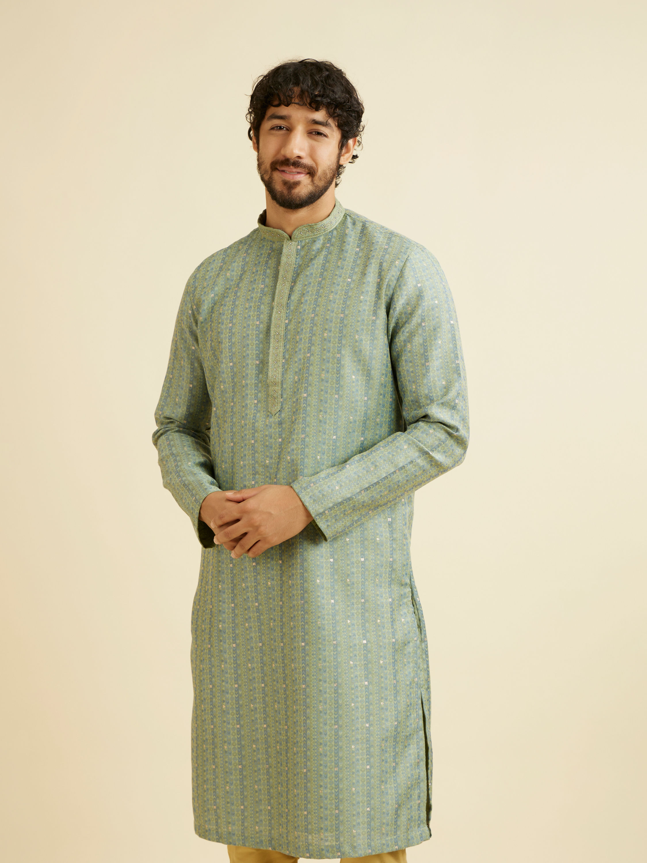 Manyavar Men Soft Green Linear Patterned Kurta Set with Sequin Work