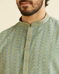 Manyavar Men Soft Green Linear Patterned Kurta Set with Sequin Work