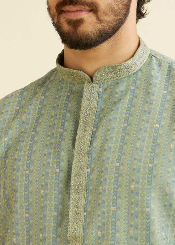 Manyavar Men Soft Green Linear Patterned Kurta Set with Sequin Work