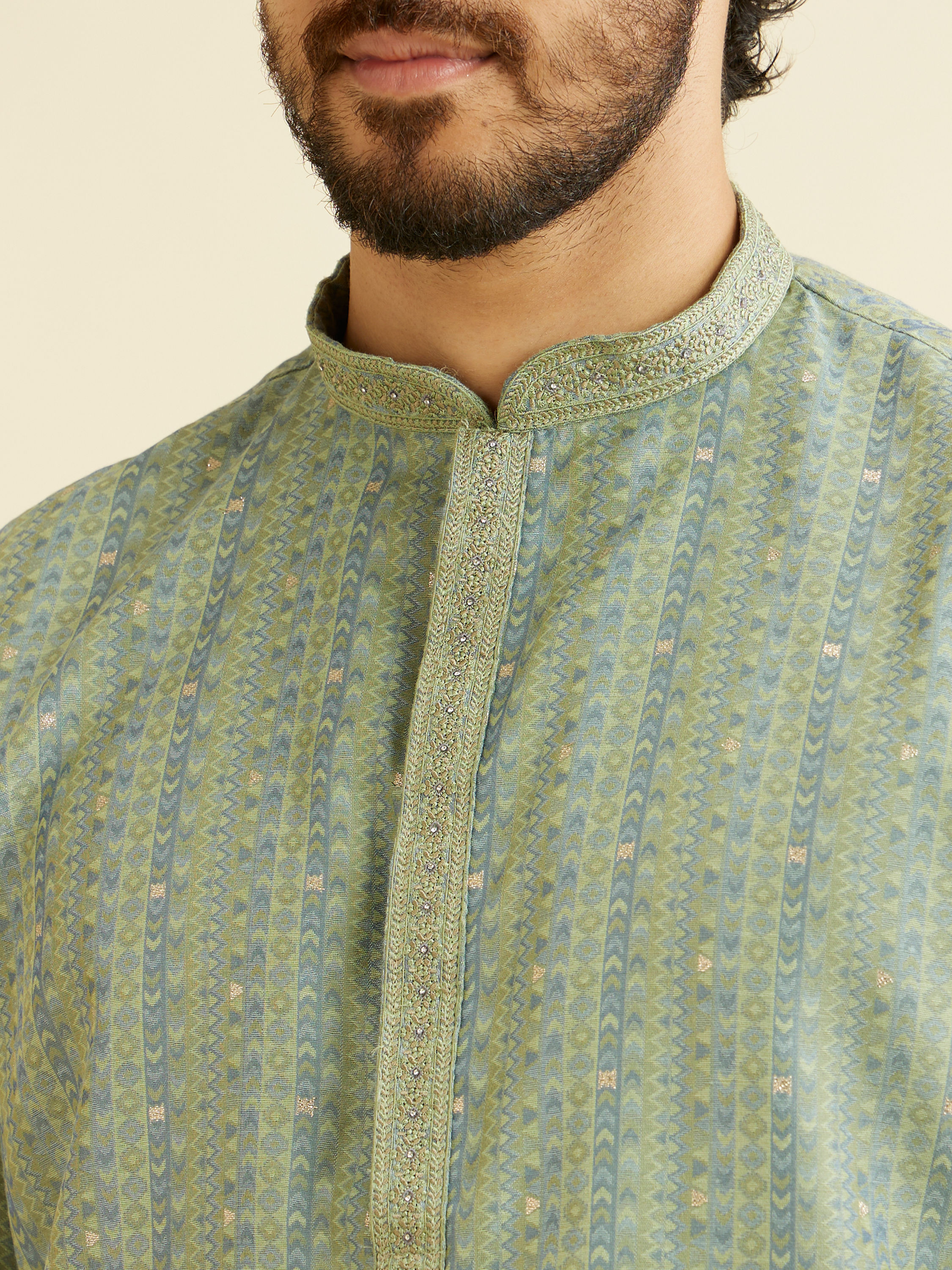 Manyavar Men Soft Green Linear Patterned Kurta Set with Sequin Work