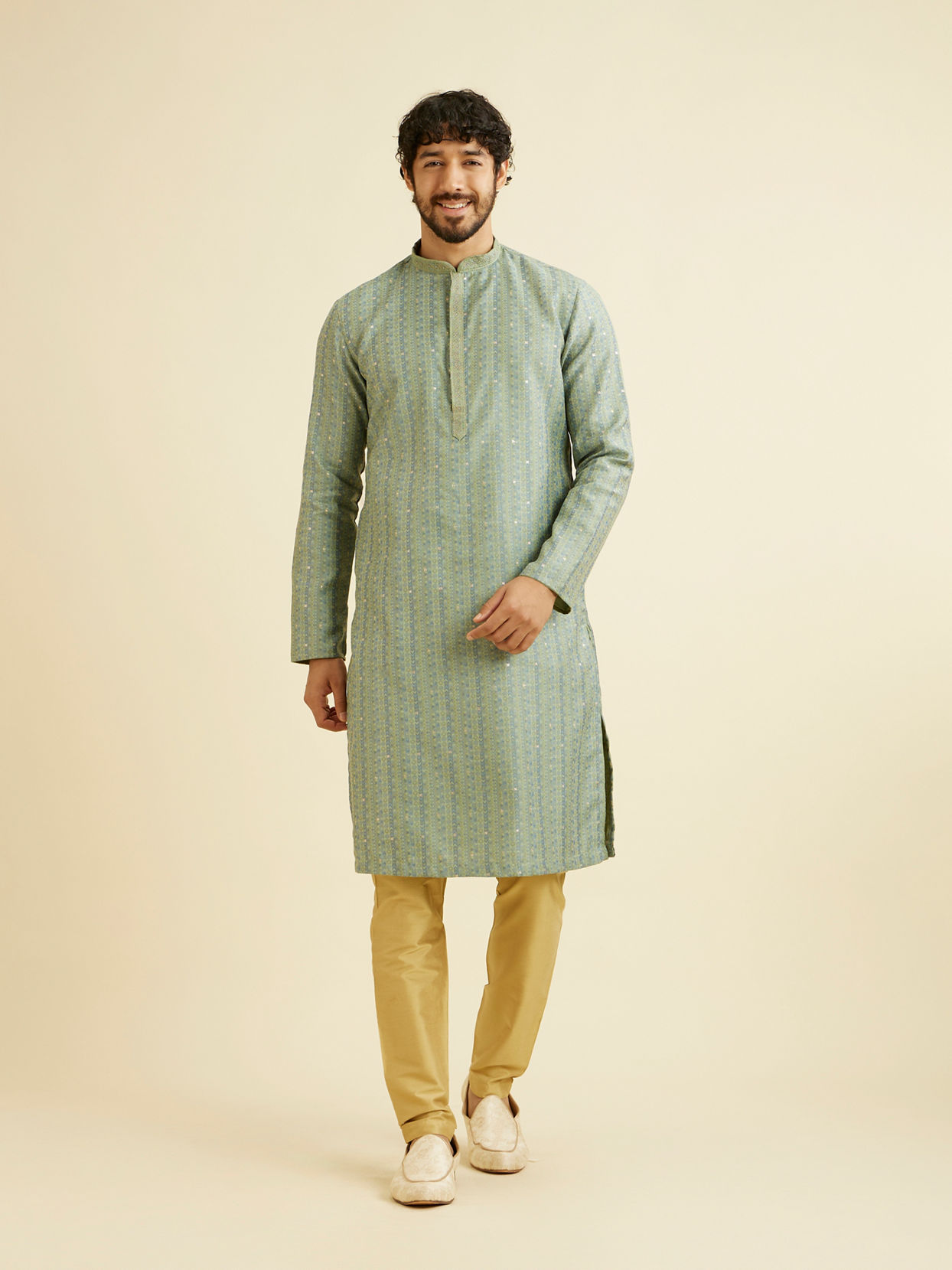 Manyavar Men Soft Green Linear Patterned Kurta Set with Sequin Work