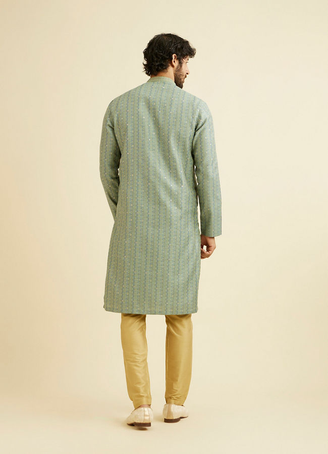 Manyavar Men Soft Green Linear Patterned Kurta Set with Sequin Work