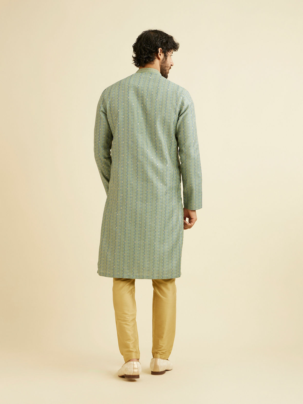 Manyavar Men Soft Green Linear Patterned Kurta Set with Sequin Work