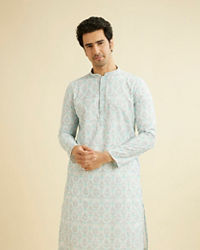 Manyavar Men Powder Blue Chikankari Printed Kurta Set