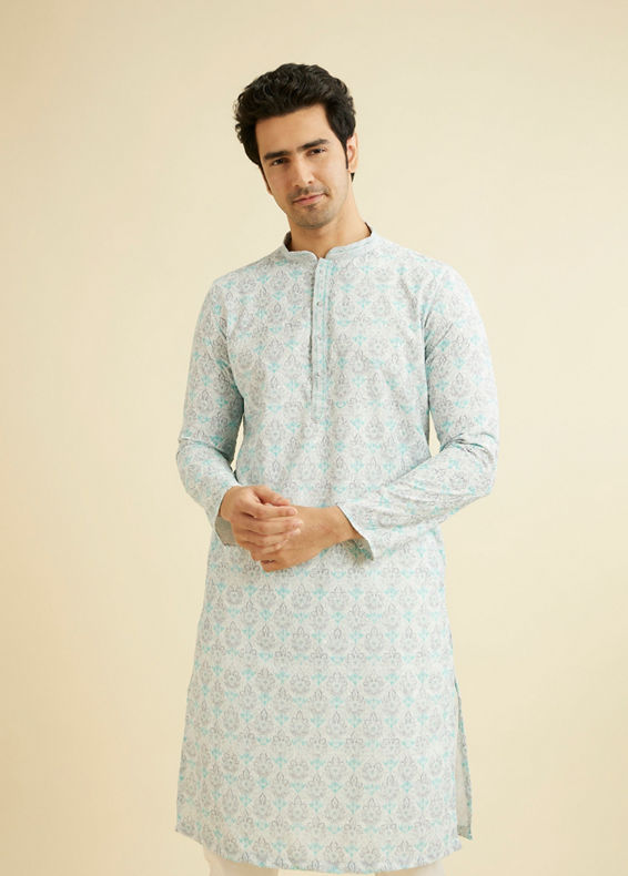 Manyavar Men Powder Blue Chikankari Printed Kurta Set