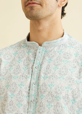 Manyavar Men Powder Blue Chikankari Printed Kurta Set