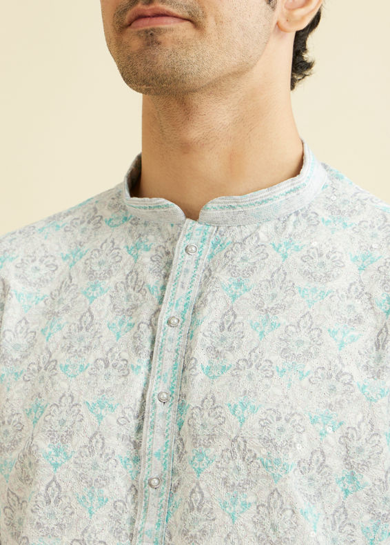 Manyavar Men Powder Blue Chikankari Printed Kurta Set