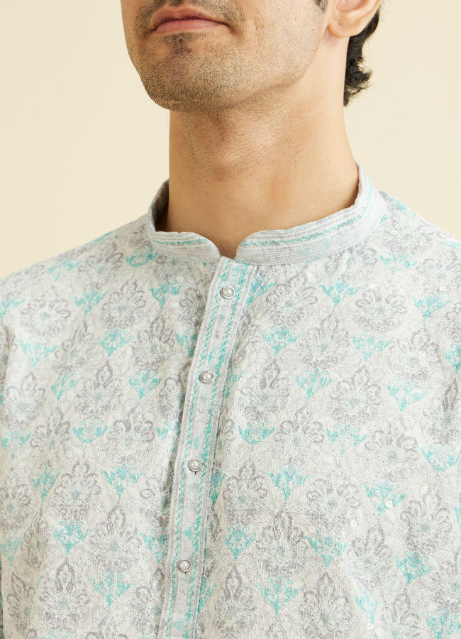 Manyavar Men Powder Blue Chikankari Printed Kurta Set
