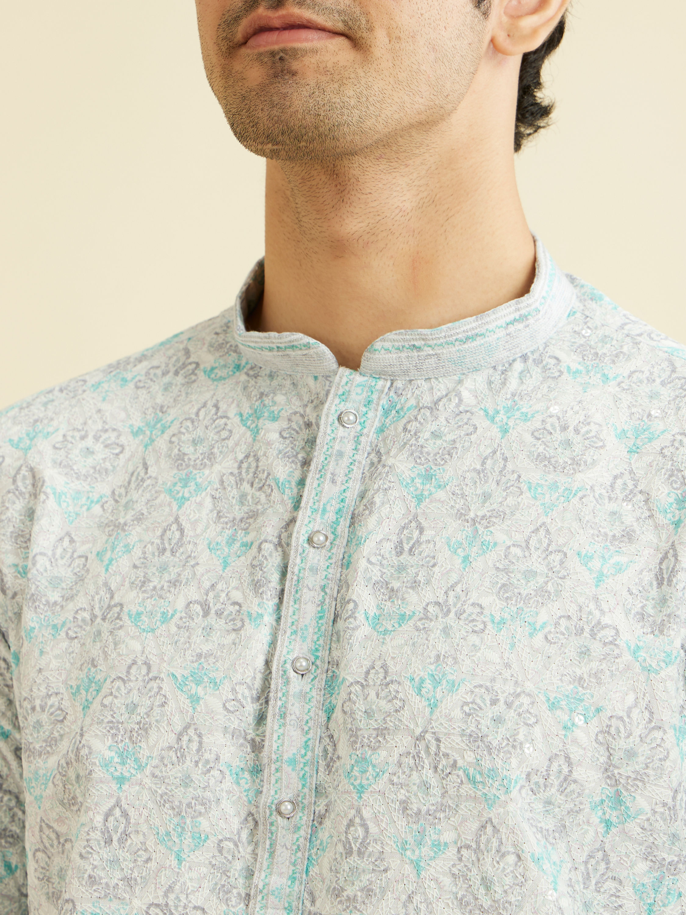 Manyavar Men Powder Blue Chikankari Printed Kurta Set