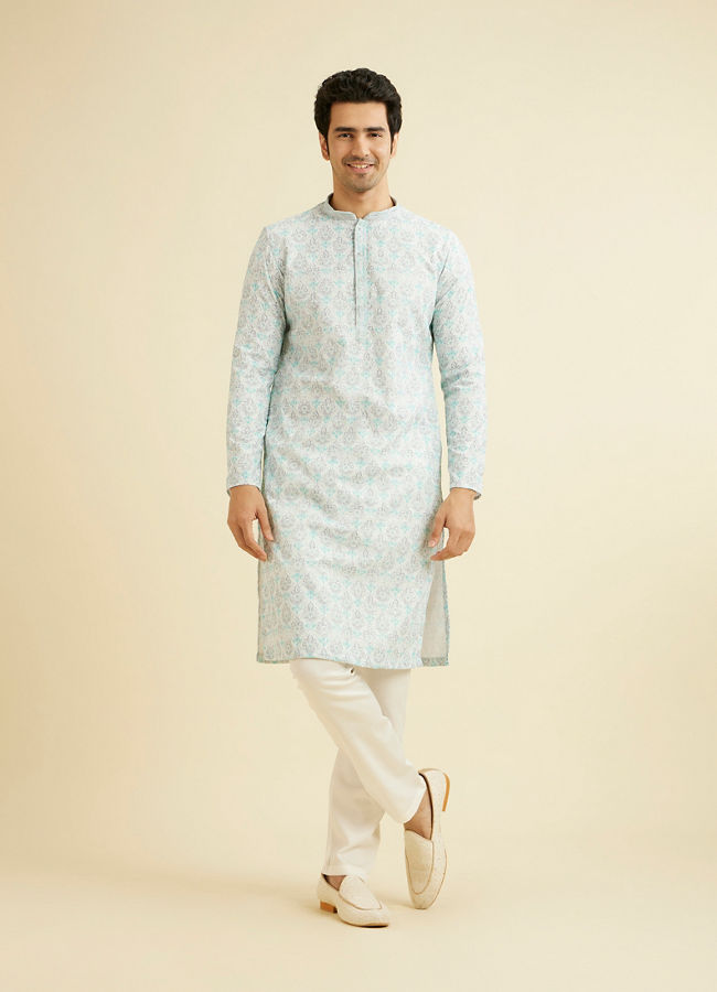 Manyavar Men Powder Blue Chikankari Printed Kurta Set
