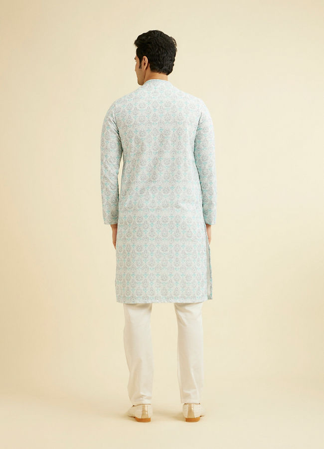 Manyavar Men Powder Blue Chikankari Printed Kurta Set