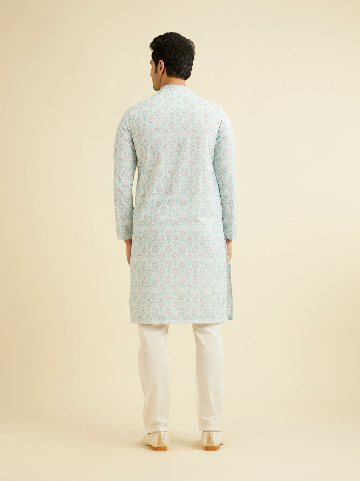 Manyavar Men Powder Blue Chikankari Printed Kurta Set