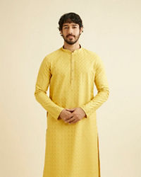 Manyavar Men Primrose Yellow Lattice Patterned Kurta Set