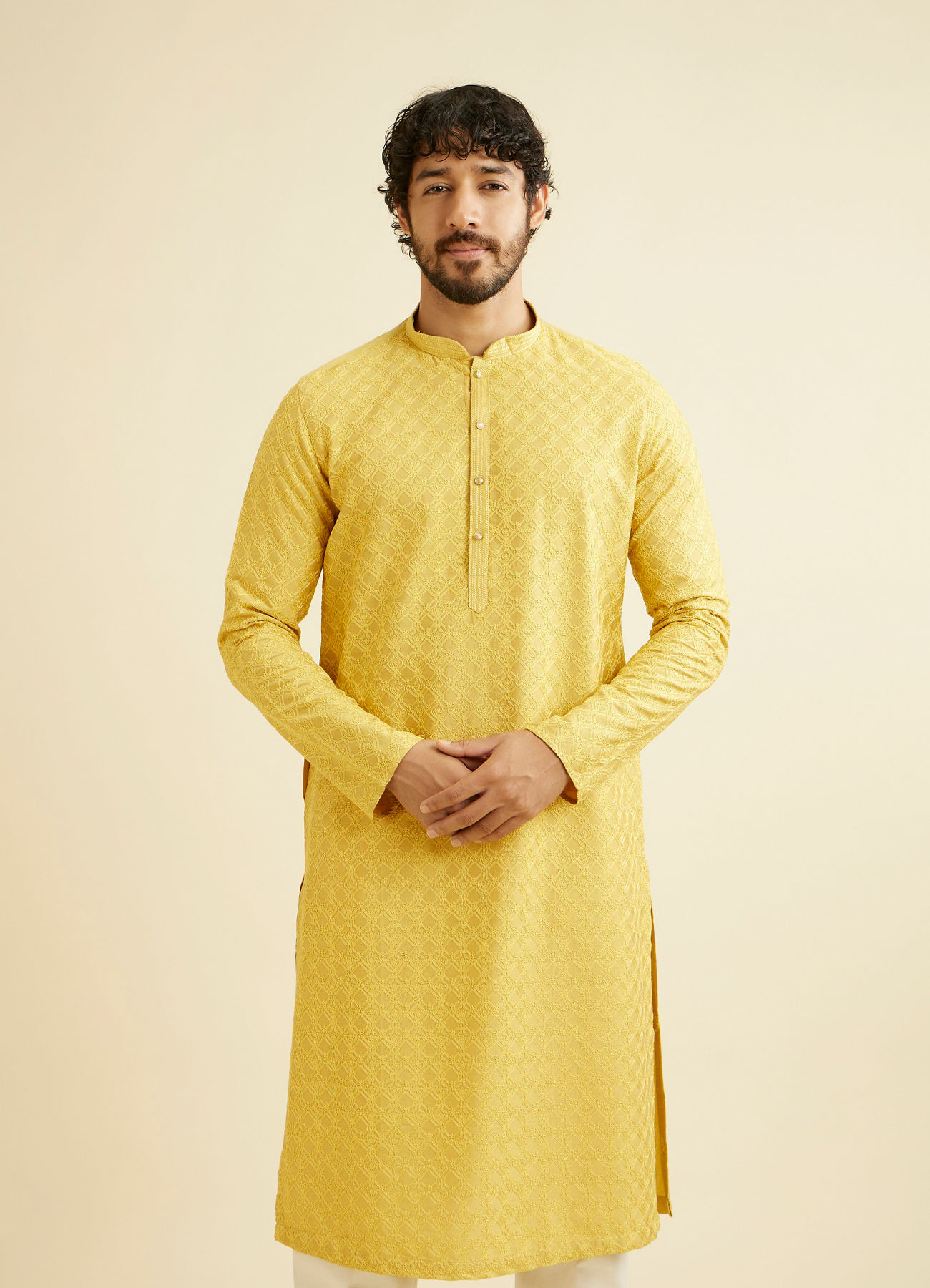 Manyavar Men Primrose Yellow Lattice Patterned Kurta Set