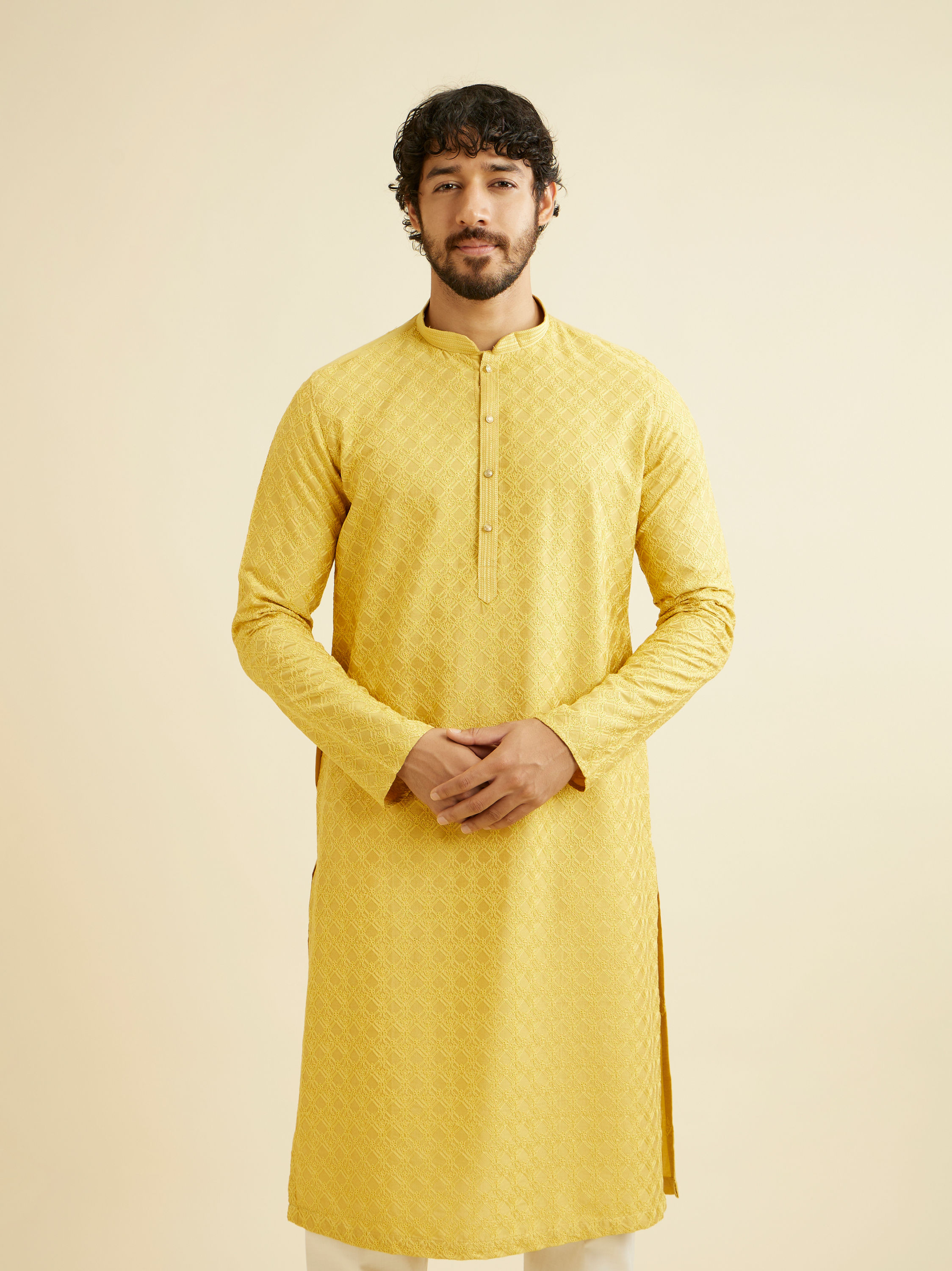 Manyavar Men Primrose Yellow Lattice Patterned Kurta Set