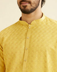 Manyavar Men Primrose Yellow Lattice Patterned Kurta Set