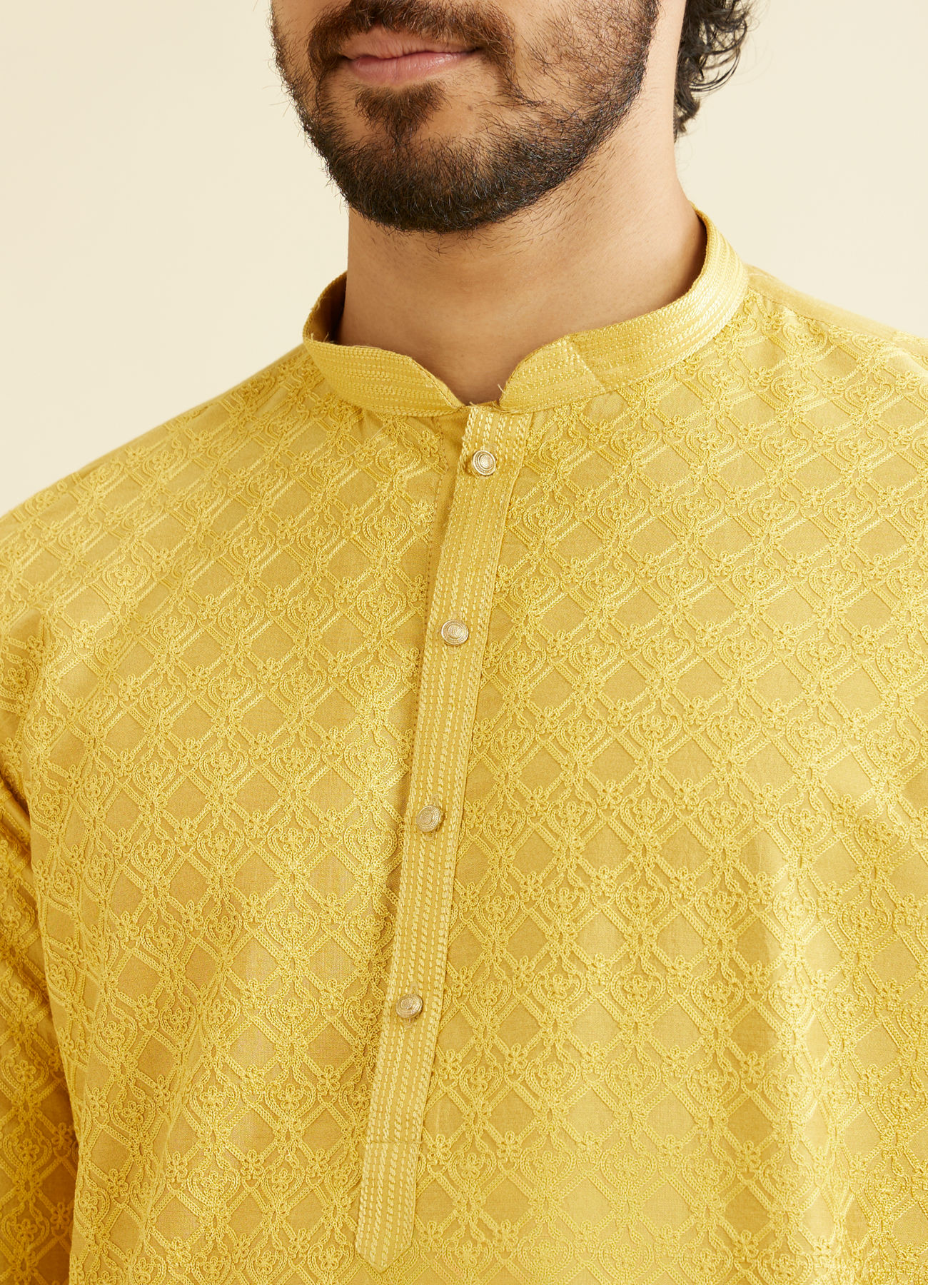 Manyavar Men Primrose Yellow Lattice Patterned Kurta Set