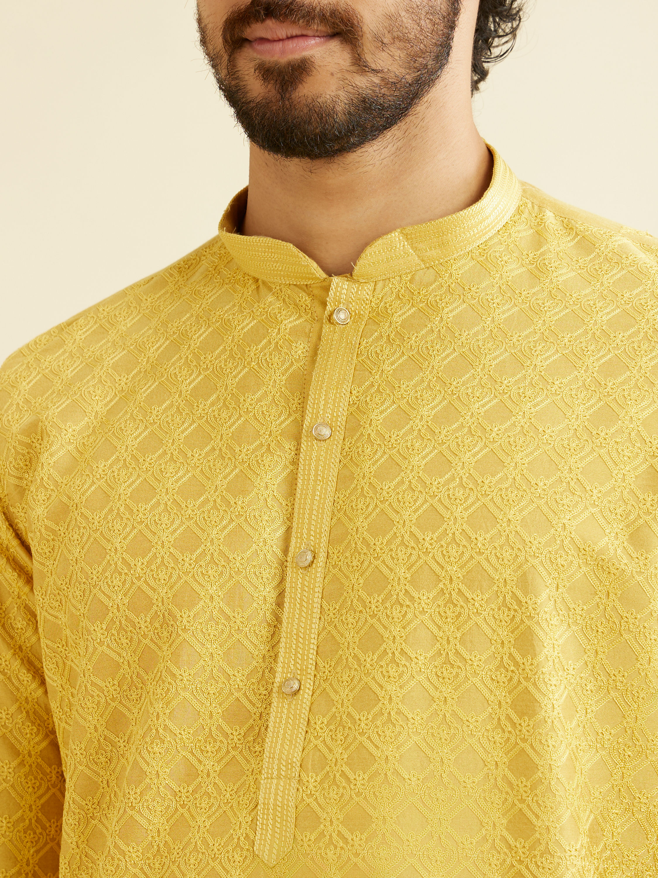 Manyavar Men Primrose Yellow Lattice Patterned Kurta Set