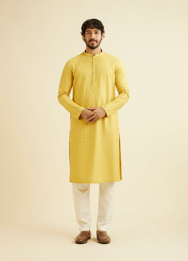 Manyavar Men Primrose Yellow Lattice Patterned Kurta Set