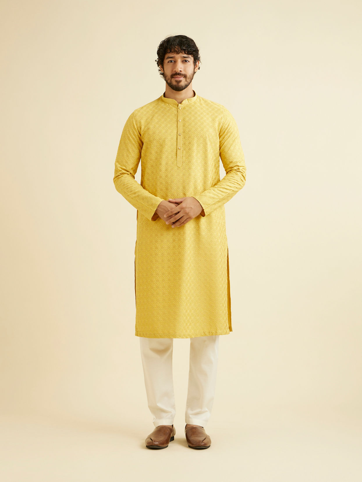 Manyavar Men Primrose Yellow Lattice Patterned Kurta Set