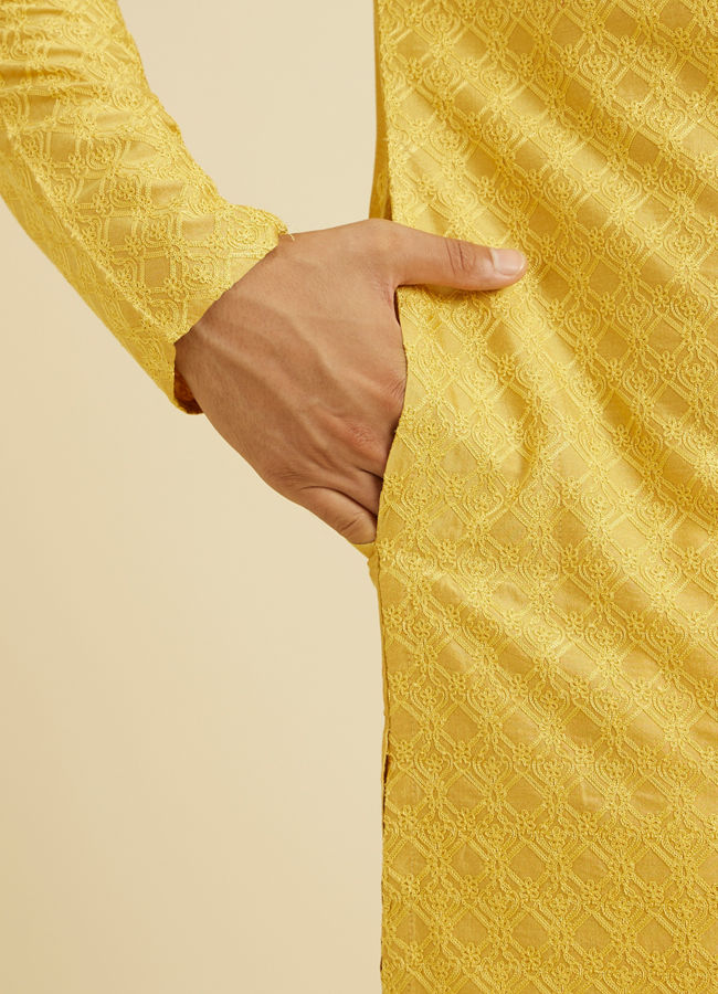 Manyavar Men Primrose Yellow Lattice Patterned Kurta Set