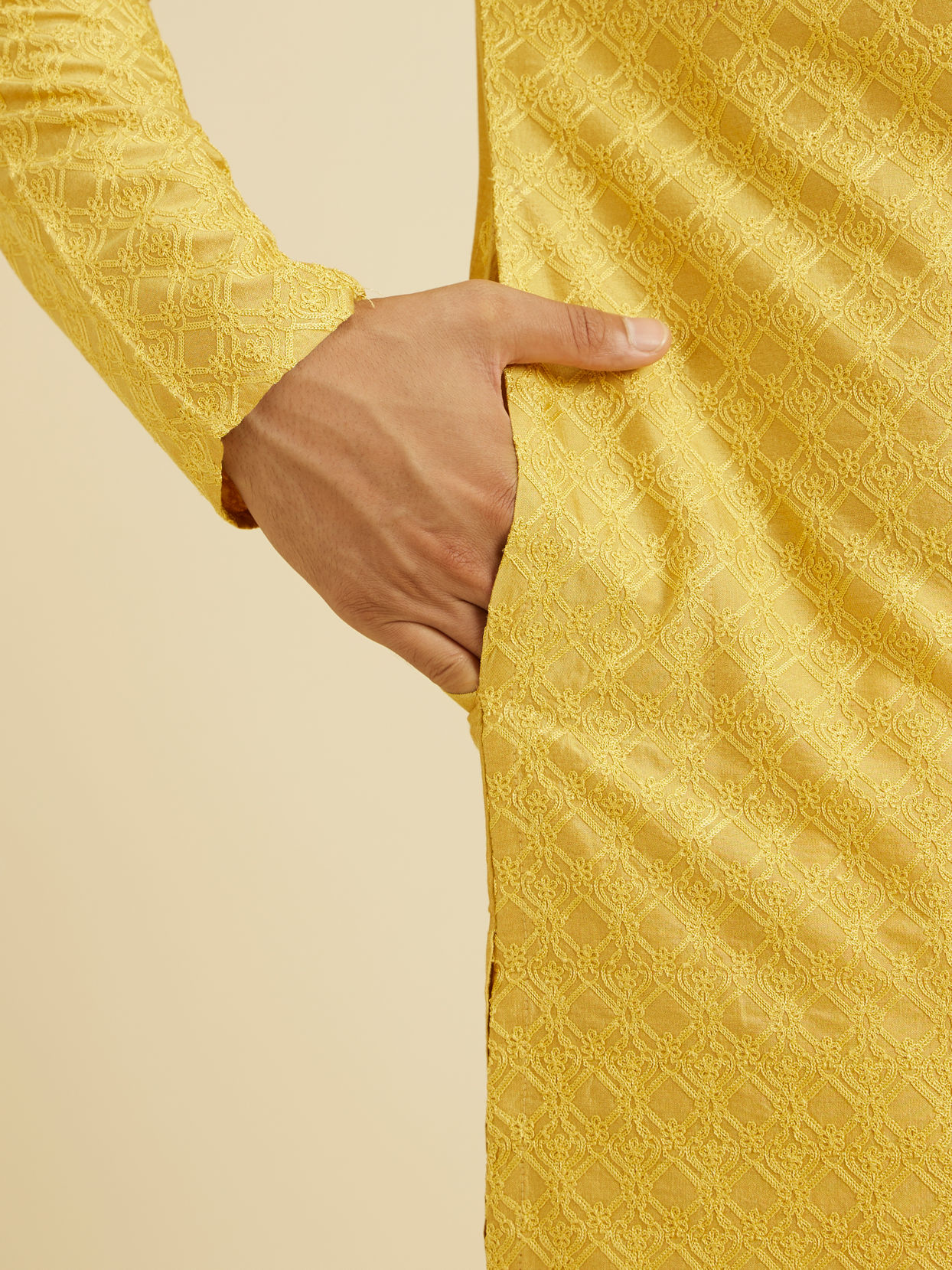 Manyavar Men Primrose Yellow Lattice Patterned Kurta Set