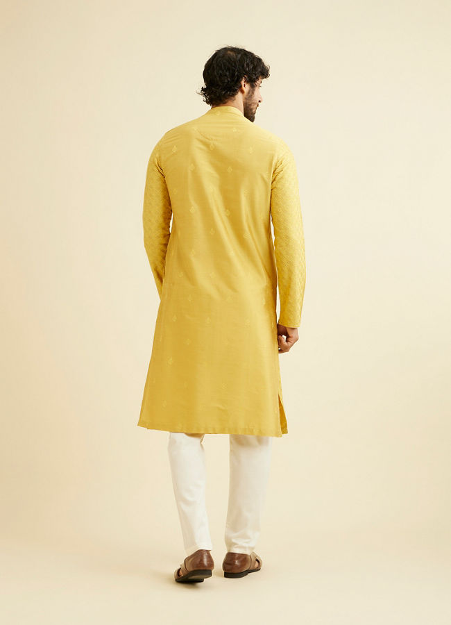 Manyavar Men Primrose Yellow Lattice Patterned Kurta Set