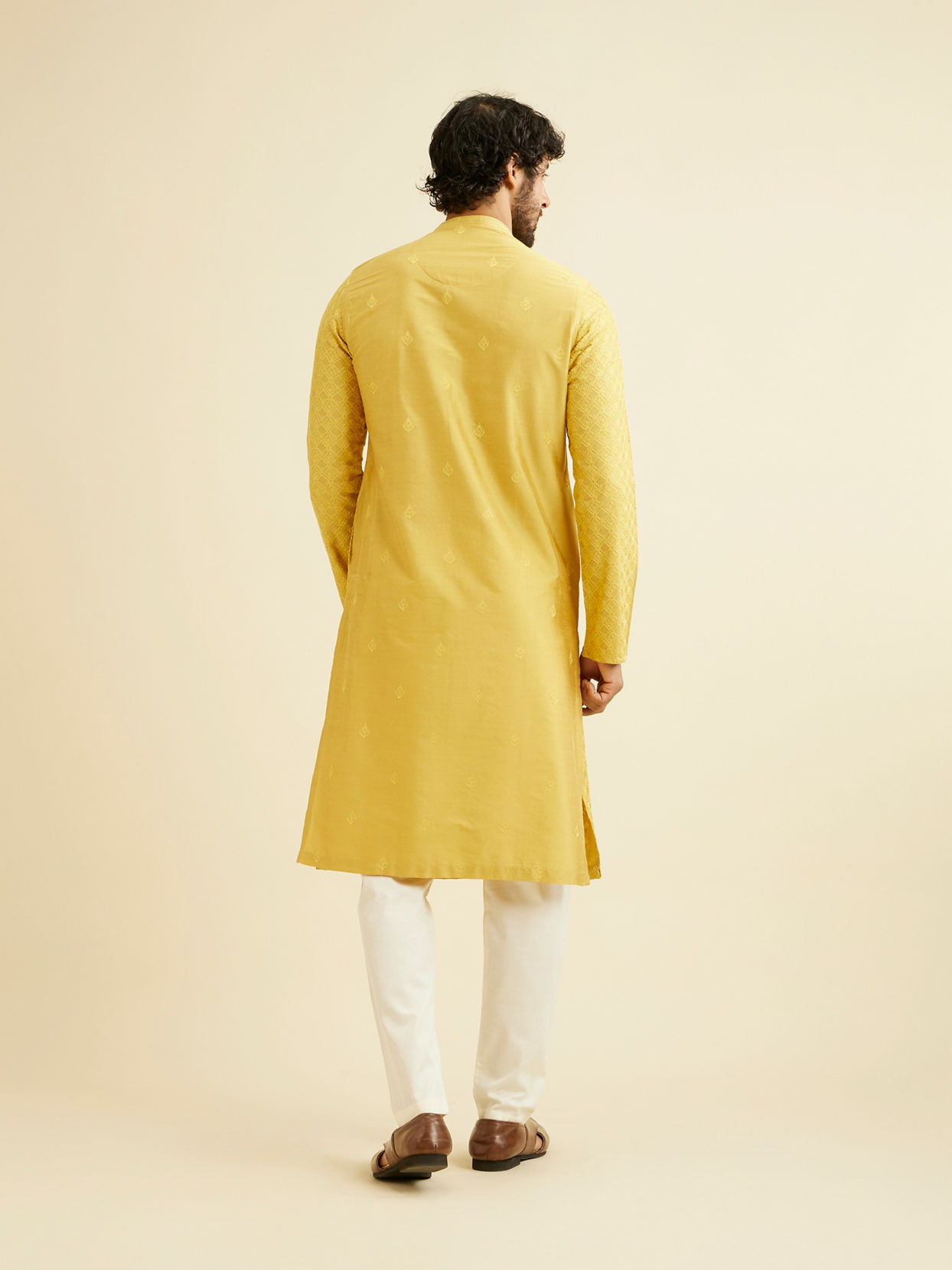 Manyavar Men Primrose Yellow Lattice Patterned Kurta Set