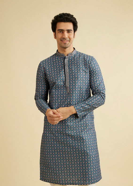 Manyavar Men Teal Blue Chikankari Print Kurta Set with Sequin Work