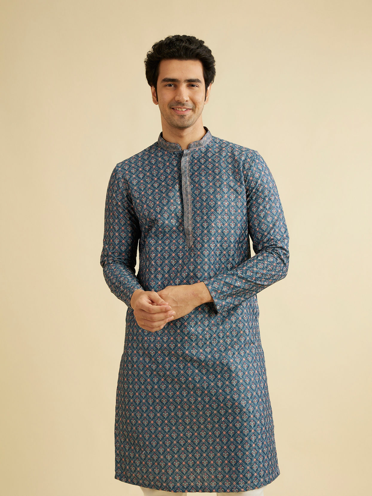 alt message - Manyavar Men Teal Blue Chikankari Print Kurta Set with Sequin Work image number 0