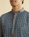 alt message - Manyavar Men Teal Blue Chikankari Print Kurta Set with Sequin Work image number 1