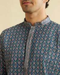 Manyavar Men Teal Blue Chikankari Print Kurta Set with Sequin Work