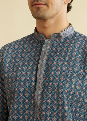 alt message - Manyavar Men Teal Blue Chikankari Print Kurta Set with Sequin Work image number 1