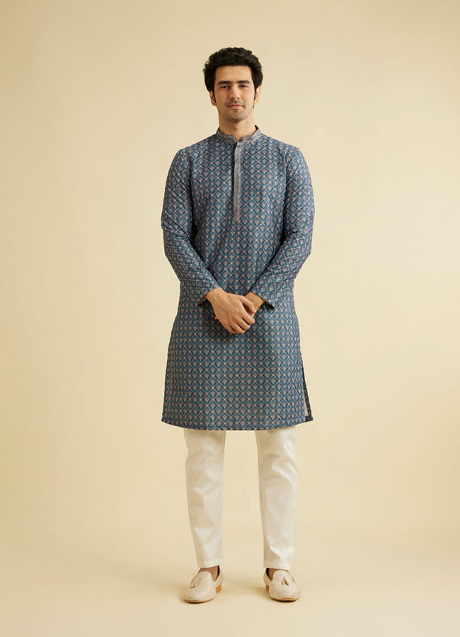 Manyavar Men Teal Blue Chikankari Print Kurta Set with Sequin Work
