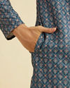 Manyavar Men Teal Blue Chikankari Print Kurta Set with Sequin Work