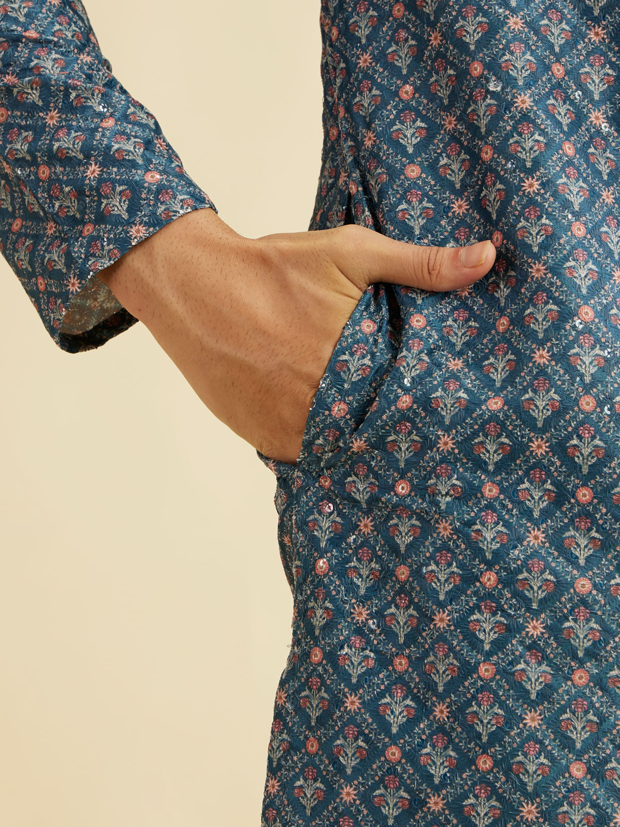 Manyavar Men Teal Blue Chikankari Print Kurta Set with Sequin Work