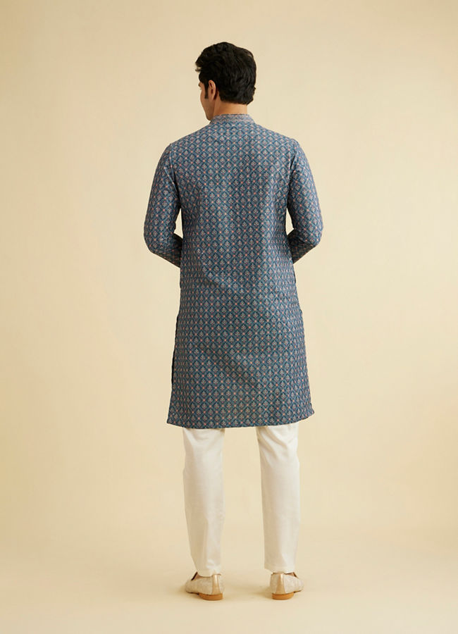 Manyavar Men Teal Blue Chikankari Print Kurta Set with Sequin Work