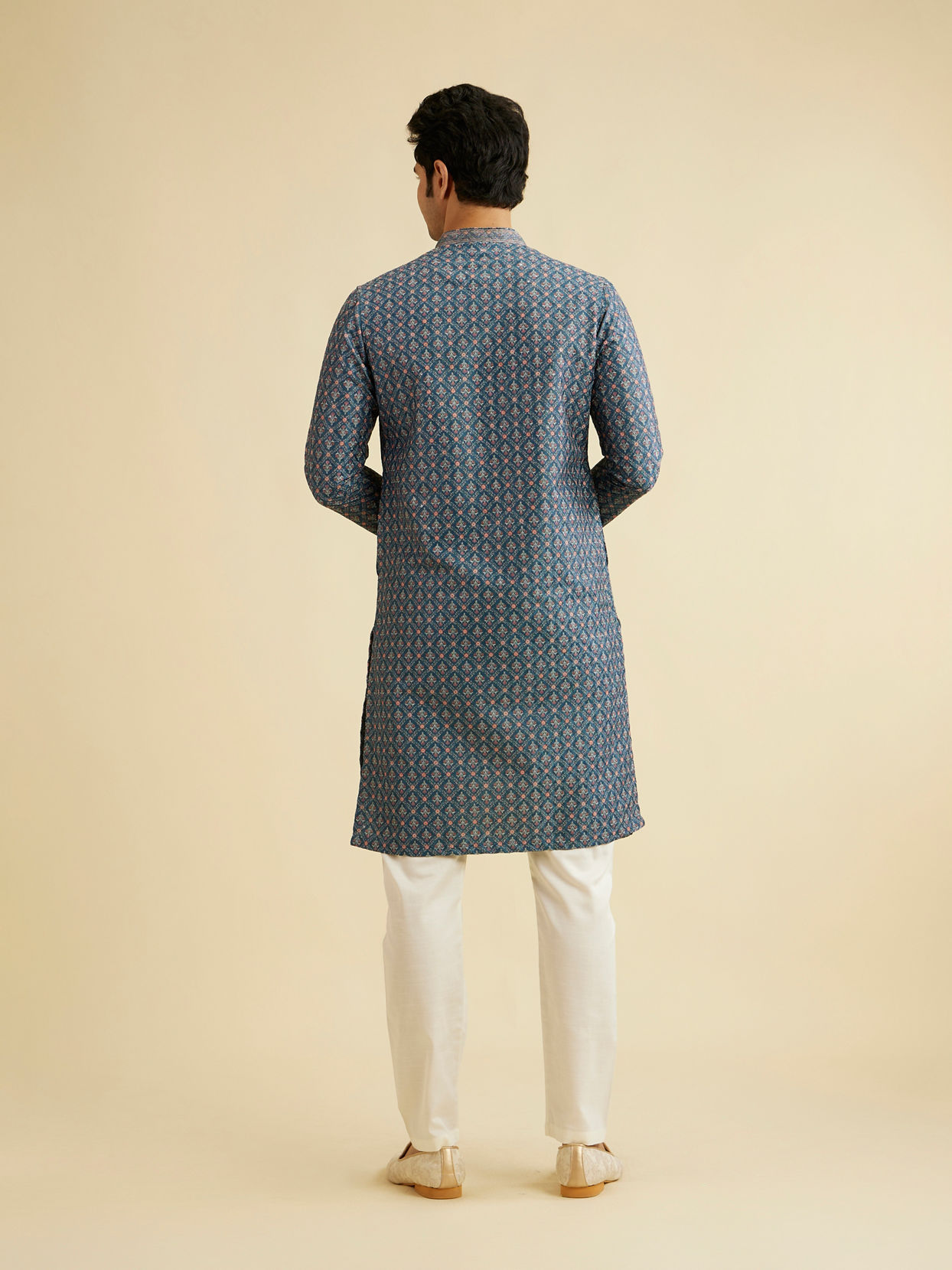 Manyavar Men Teal Blue Chikankari Print Kurta Set with Sequin Work