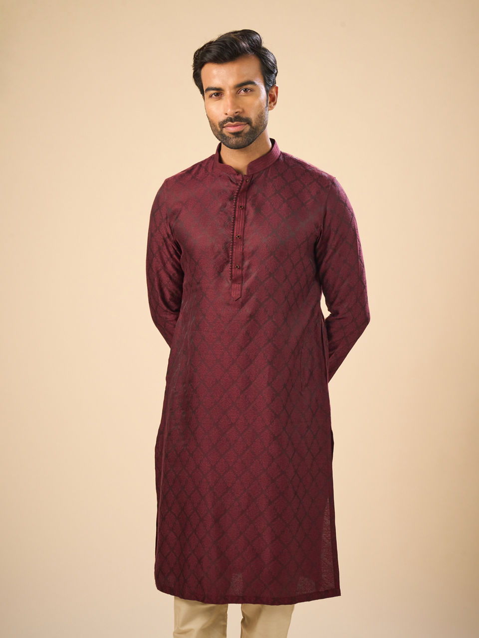 Manyavar Men Elegant Wine Kurta Pajama Set