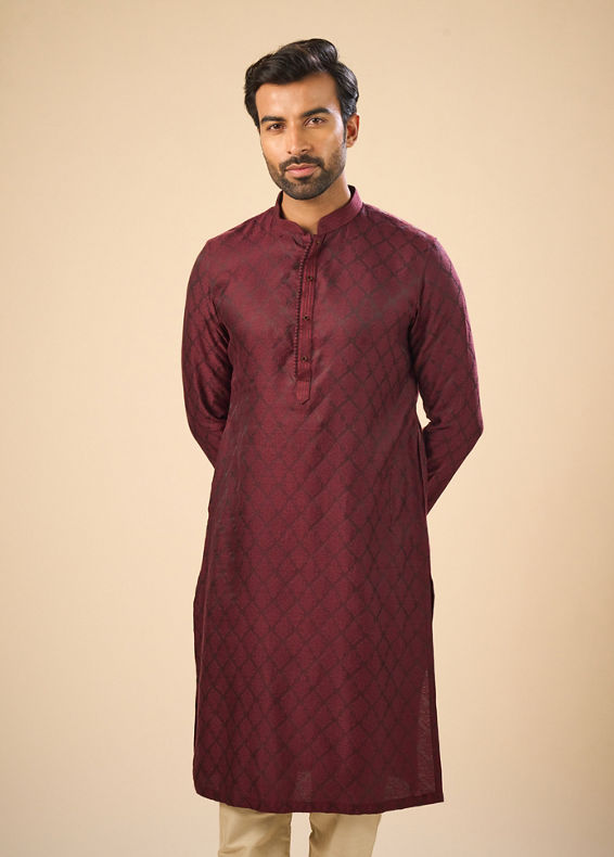 Manyavar Men Elegant Wine Kurta Pajama Set