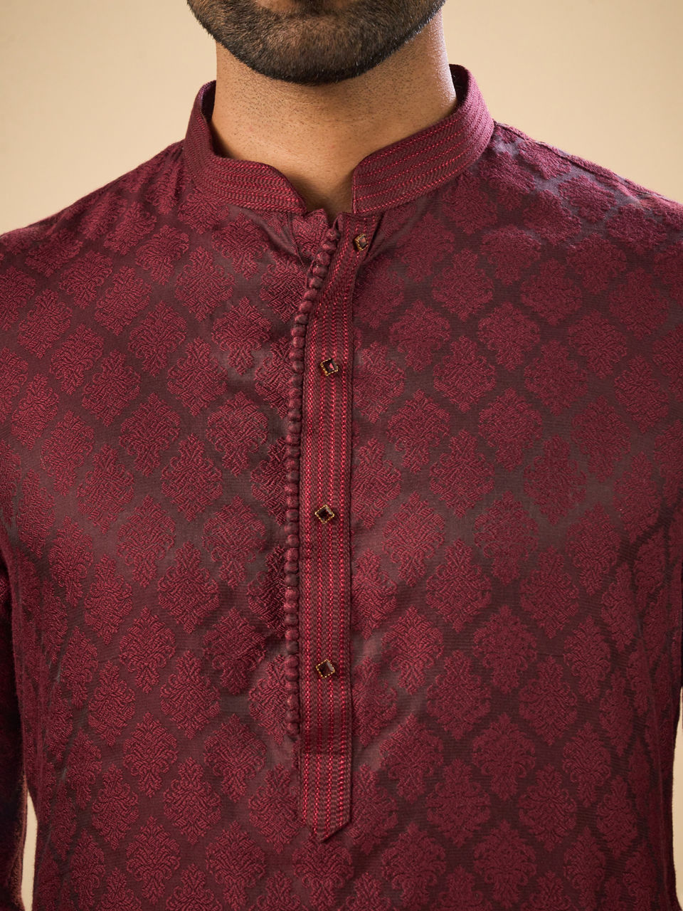 Manyavar Men Elegant Wine Kurta Pajama Set