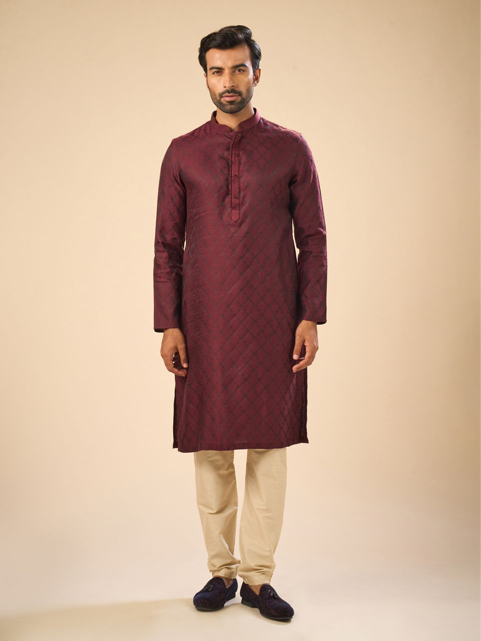 Manyavar Men Elegant Wine Kurta Pajama Set
