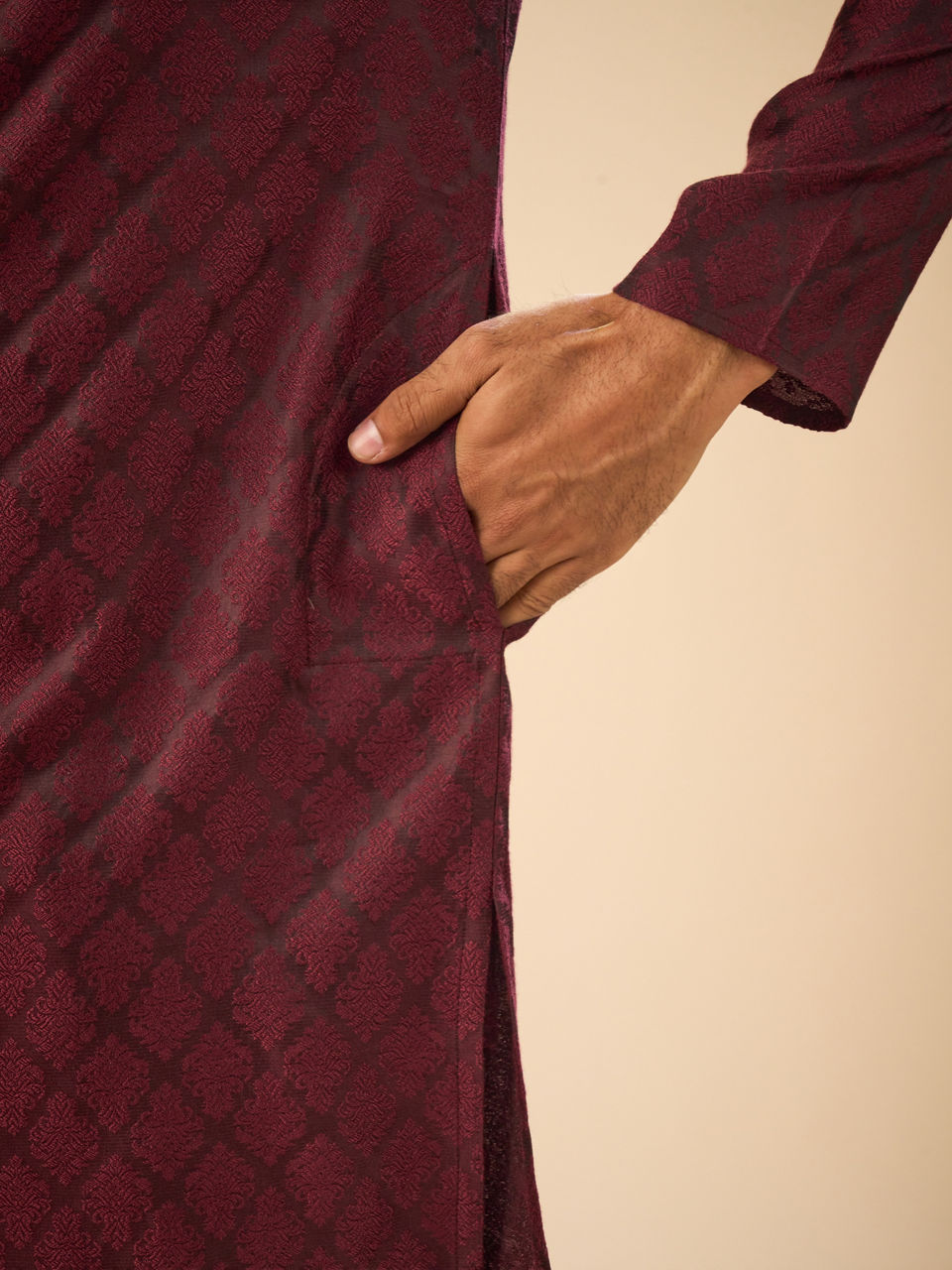 Manyavar Men Elegant Wine Kurta Pajama Set